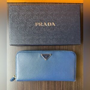 Prada Saffiano Leather Long Zip around Wallet in Blue